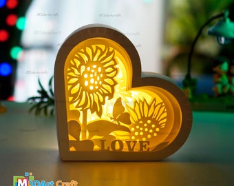Sunflower Heart Lanterns Shadow Box SVG for Cricut Projects Diy Mothers Day Gifts, Paper Cut Template - DIY Lamp Decoration, 3d heart svg