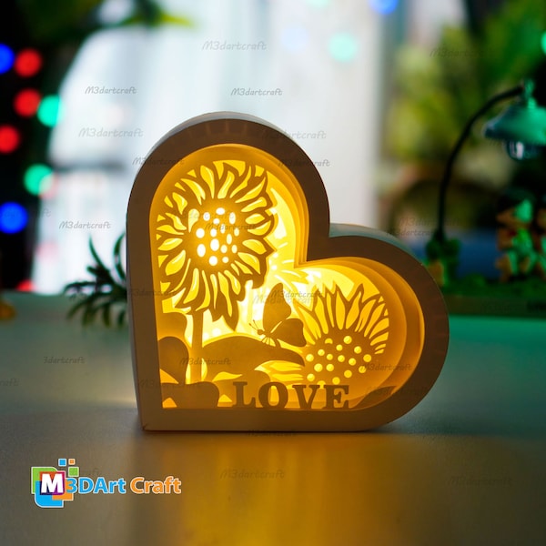 Sunflower Heart Lanterns Shadow Box SVG for Cricut Projects Diy Mothers Day Gifts, Paper Cut Template - DIY Lamp Decoration, 3d heart svg