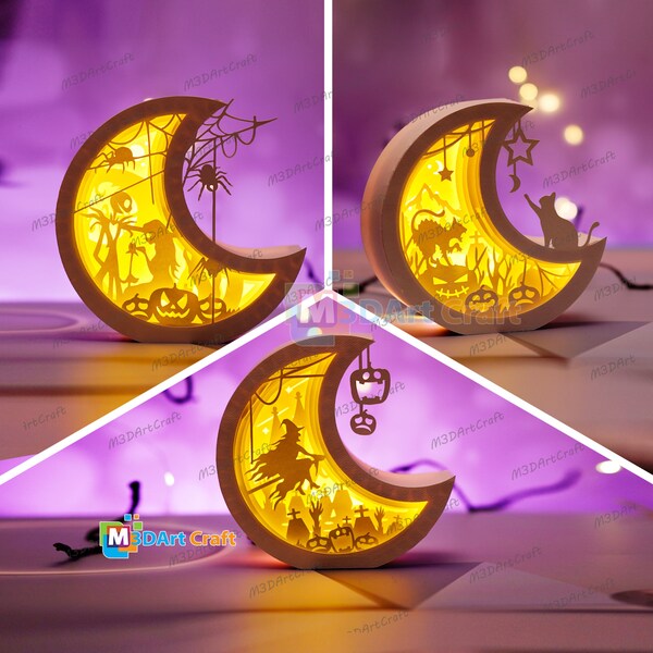 Pack 3 Moon Lanterns Shadow Box SVG Template - Moon Witch Lightbox Template - Nightmare Before Christmas Halloween Lantern, Cat on Moon Lamp Pack 3 Moon Lanterns Shadow Box SVG Template - Moon Witch Lightbox Template - Nightmare Before Christmas Halloween Lantern, Cat on Moon Lamp