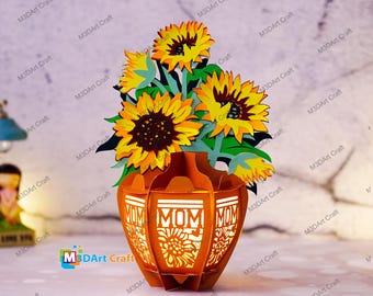Sunflowers Vase Lantern SVG, PDF, Studio Template, Papercut Lantern Flower Svg file DIY Sunflowers Lantern Flower for Mother's Day Gifts