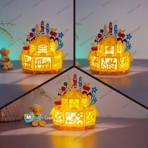 Conjunto 3 Lanternas de Bolo de Feliz Aniversário SVG, Modelos de Silhueta, Corte de Papel de Feliz Aniversário, Decorações de Aniversário DIY, Luminária de Papel para Bolo de Aniversário
