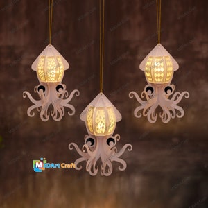 Set 3 Squid Lantern PDF, SVG, Silhouette Studio Templates - Ocean Lantern Paper Cut - Squid Lantern Paper Cut - DIY Squid Paper Decorations