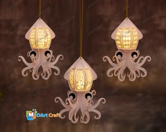 May include: Three white paper lanterns shaped like an octopus with a light inside. The lanterns are hanging from a string.