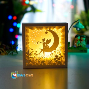 Fairy Moon Shadow Box - Fairy Lightbox SVG per progetti Cricut, Paper Cut Shadow Box, cornice gratuita per Shadow Box quadrata, arte su carta a strati 3D