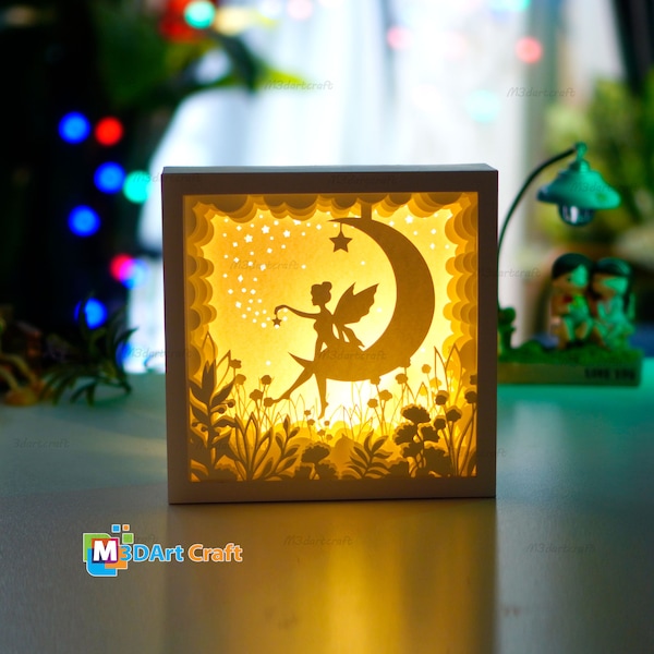 Fee Mond Schatten Box SVG Vorlage - 3D Papierschnitt Lightbox, Cricut Cut Datei (Digitaler Download)