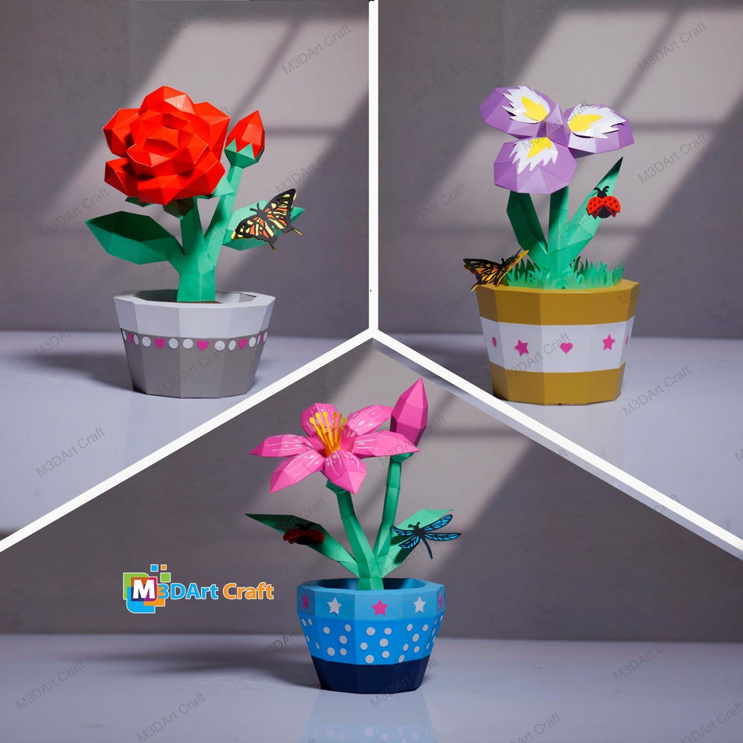 Low Poly Flower Papercraft SVG Template - Rose Lily Iris 3D Paper ...
