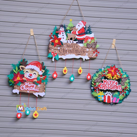 Set 3 Christmas Hanging Decor SVG PDF Templates | Santa & Snowman, Reindeer Sign, Christmas Wreath | 3D Layered Papercut