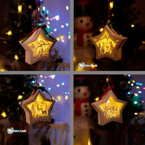Confezione da 4 modelli SVG di Buon Natale con lanterna a forma di stella e scatola delle ombre - modello di taglio della carta per Natale - ornamenti natalizi lightbox fai da te