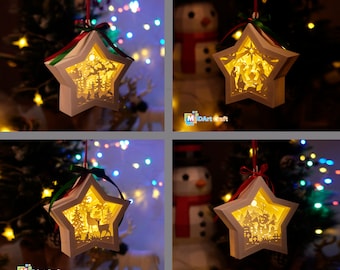 パック 4 メリー クリスマス ハンギング スター ランタン シャドー ボックス SVG テンプレート - クリスマス用ペーパー カット テンプレート - DIY ライトボックス クリスマス オーナメント