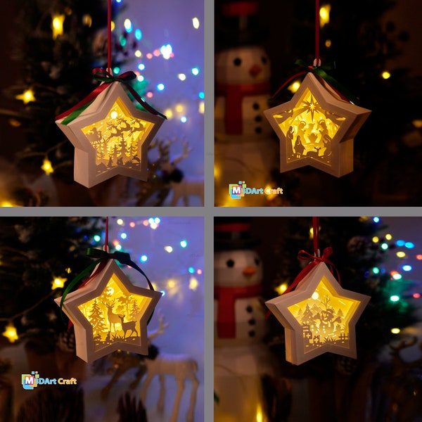 Pack 4 Frohe Weihnachten Hängende Stern Laterne Schatten Box SVG Vorlage - Scherenschnitt Vorlage für Weihnachten - DIY Lightbox Weihnachtsverzierungen