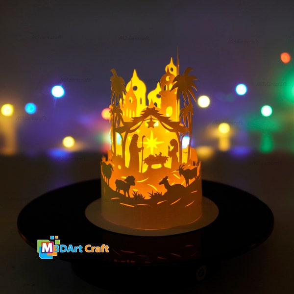 Lanternes de Noël de scène de la Nativité - Lampe découpée en papier pour Noël - SVG pour les projets Cricut Idées Décor de Noël - Lampe en papier de Noël DIY