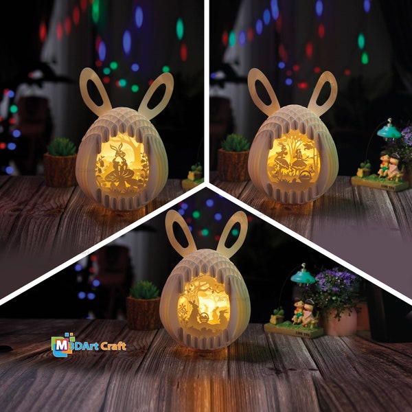 Pack 3 Bunny Easter Eggs Popup 3D - Papier snijden SVG-sjabloon voor Cricut projecten, Easter Sphere Popup - Globe Popup Paper Lantern Lightbox