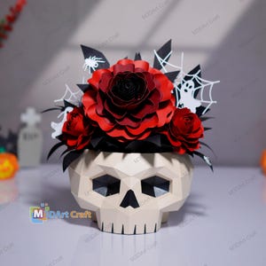 Modèle SVG de vase à fleurs en forme de crâne et de rose en papier, décoration gothique 3D pour Halloween Cricut