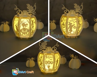 Pack 3 Pumpkin Lanterns SVG for Cricut Projects Diy Halloween Jack O Lantern Svg File, Paper Cut Template - DIY Lamp Halloween Decoration