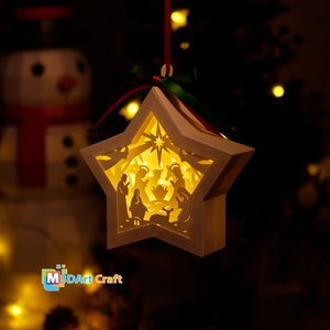 Modello SVG di presepe con lanterna a forma di stella sospesa, scatola di ombre - modello di taglio della carta per Natale - decorazioni natalizie lightbox fai da te
