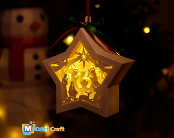Modello SVG di presepe con lanterna a forma di stella sospesa, scatola di ombre - modello di taglio della carta per Natale - decorazioni natalizie lightbox fai da te