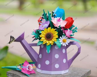 3D Flower Watering Can Papercraft SVG Template – Tulip Daisy Sunflower Daffodil, Low Poly DIY Mother’s Day Gift
