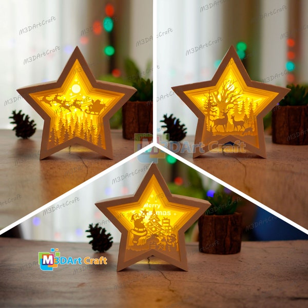 Pack 3 Christmas Star Lantern Shadow Box SVG pour Cricut Proroject, ScanNcut, Cameo4.. Modèle de découpe de papier pour Christmas Star Lightbox