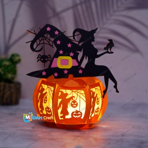 Lanterna di zucca strega PDF, modelli SVG per il progetto Cricut - Taglio carta Decorazioni di Halloween Lanterna fai da te, file SVG Lanterna di carta
