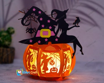 Witch Pumpkin Lantern PDF, SVG Templates for Cricut Project - Paper Cutting DIY Lantern Halloween Decorations, Paper Lantern svg file