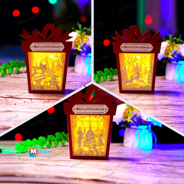 Pack 3 Christmas Gift Box Lanterns Shadow Box SVG Templates - DIY Christmas Box Lighbox - Deer, Santa, Snowman Paper Cut For Christmas Pack 3 Christmas Gift Box Lanterns Shadow Box SVG Templates - DIY Christmas Box Lighbox - Deer, Santa, Snowman Paper Cut For Christmas