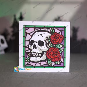 Halloween Skull Rose Stained Glass Layered Papercut Template | PDF SVG Studio File | Shadow Box Decor | Free Square Frame