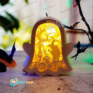 Witch in Ghost Lanterns Shadow Box SVG for Cricut Projects Diy Halloween Crafts, Paper Cut Template - Ghost Lamp Decor Halloween Lightbox