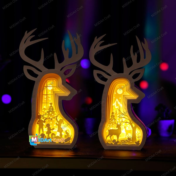Set 2 Deer Head Christmas Shadow Box PDF, Plantilla SVG - Escena de Navidad para niños DIY y corte de papel de caja de luz de escena de ciervo - Linterna de reno