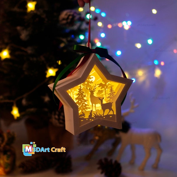 Merry Christmas Deer In Hanging Star Lantern Shadow Box SVG Template - Paper Cut Template For Christmas - DIY Lightbox Christmas Decorations Merry Christmas Deer In Hanging Star Lantern Shadow Box SVG Template - Paper Cut Template For Christmas - DIY Lightbox Christmas Decorations