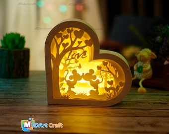 ミッキー ラブ ハート ランタン シャドー ボックス SVG、Cricut プロジェクト用、DIY バレンタイン クラフト、ペーパー カット テンプレート - DIY ランプ デコレーション、3D ハート SVG