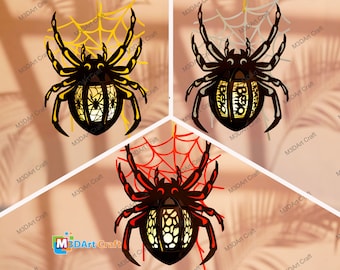May include: Three black spider-shaped hanging lanterns with intricate cutouts. The lanterns are decorated with a web design and are available in yellow, white, and red.