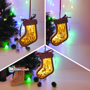 Pack 3 Weihnachtslaternen-Hängesocken PDF, SVG-Vorlage – Socken-Schattenbox – Papiergeschnittene Weihnachtsornamente – Papierlaterne 3D Layered SVG