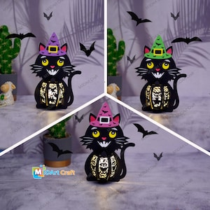 May include: Three black cat Halloween decorations with a witch hat and a pumpkin. The cats are holding a pumpkin with a light inside. The cats are in different colors: purple, green, and pink.