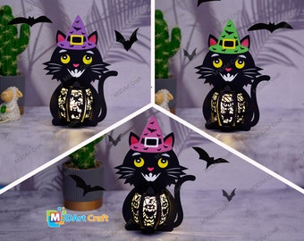 Cricutプロジェクト用猫ランタン3個セット PDF、SVGテンプレート - ペーパーカットDIY黒猫ハロウィンデコレーション、ペーパーランタンSVGファイル
