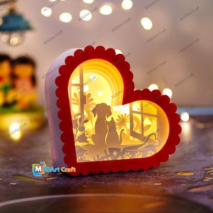 Dog and Cat Love Heart Shadow Box (13cm - 5.118 inch) PDF, SVG for Valentines Day - DIY Heart Lantern Paper Cut Template Diy Lamp Decoration