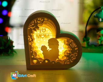 Mom Baby Heart Lanterns Shadow Box SVG for Cricut Projects Diy Mother's Day Crafts, Paper Cut Template - DIY Lamp Decoration, 3d heart svg