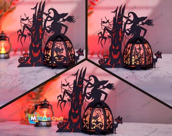 Set 3 Halloween Tree Witch Lantern SVG Templates for Cricut Project, ScanNcut, Cameo - Paper Cutting DIY Halloween Witch Lantern Decorations