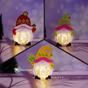 Pack 3 Gnome Lantern SVG, Studio, PDF Template - DIY Gnome Paper Lantern for Christmas Decoration - Gnome Shadow Box, Lightbox Svg