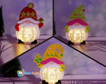 Paquete de 3 plantillas SVG, Studio y PDF de linternas de gnomos - Linternas de papel de gnomos DIY para decoración navideña - Caja de sombras de gnomos, caja de luz SVG