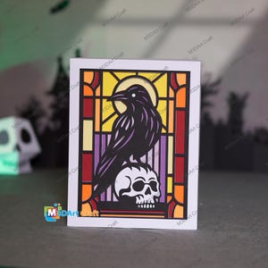Halloween Raven Skull Stained Glass Papercut Template – Layered Shadow Box | PDF SVG Studio Files