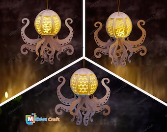 May include: Three white papercraft octopus lanterns with intricate cutouts and glowing yellow lights inside. The lanterns are hanging from strings.