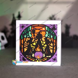 Plantilla de recorte de papel en capas de vitrales de brujas místicas en el bosque / Archivo PDF SVG / Decoración de caja de sombras / Marco cuadrado gratuito