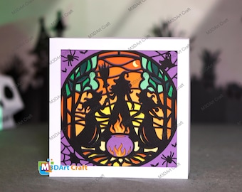 Mystical Witches in the Forest Stained Glass Stained Glass Layered Papercut Template | PDF SVG File | Shadow Box Decor | Free Square Frame