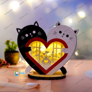 Simpatico gatto cuore lanterne scatola ombra SVG per progetti Cricut artigianato fai da te San Valentino - modello di taglio carta Cat Lightbox - amore gatto San Valentino