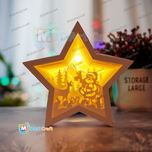 Santa Claus with Deer Christmas Star Lantern Shadow Box SVG for Cricut Proroject, ScanNcut, Cameo4.. Paper Cut Template - Xmas Star Lightbox