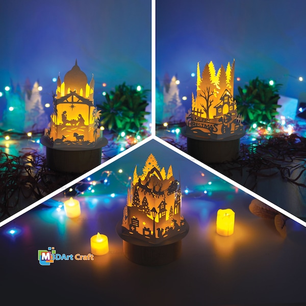 Pack 3 lanternes de Noël SVG, modèles PDF, joyeux Noël papier découpé lampe pour décoration de Noël, lampe Pentagone, projets de bricolage Cricut
