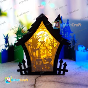 Schwarze Katze Haunted House Shadow Box Halloween PDF, SVG Light Box für Cricut-Projekte - DIY Papierlaternen-Halloween-Dekor, Papierschnitt-Vorlage