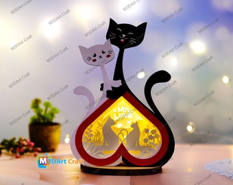 Cat Heart Lanterns Shadow Box SVG for Cricut Projects Diy valentines crafts - Cat Lightbox Paper Cut Template - Cat Love Valentine Decor