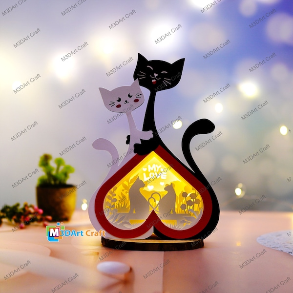 Cat Heart Lanterns Shadow Box SVG for Cricut Projects Diy valentines crafts - Cat Lightbox Paper Cut Template - Cat Love Valentine Decor