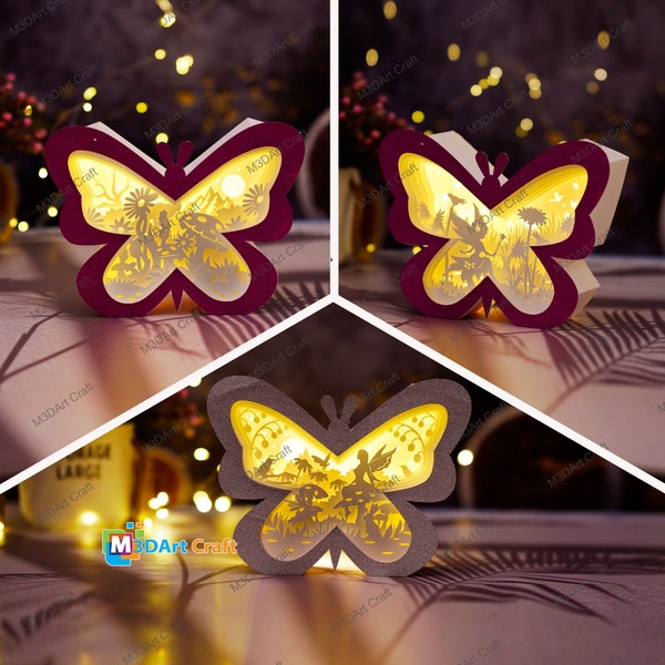 Pack 3 Fairy Butterfly Lanterns Shadow Box PDF, SVG Light Box for Cricut Projects DIY Butterfly Lantern Paper Cut Template Shadow Box Frame